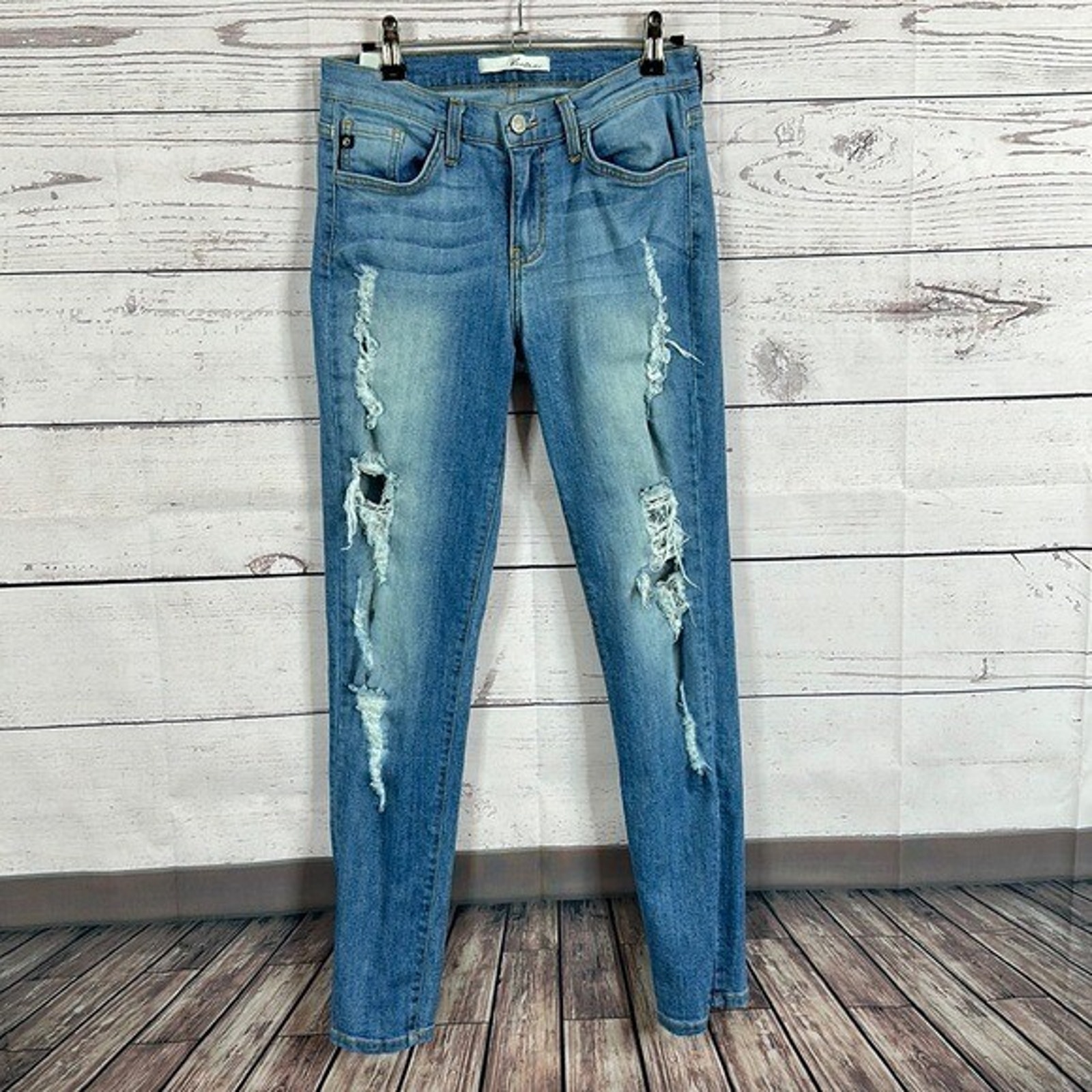 Kancan Jeans Womens 27 Blue Skinny Stretch Distressed Ankle Midrise Rips